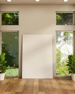 Blank canvas leaning on white wall and potted plant on wooden floor with ga.. イラスト素材