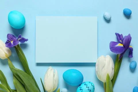 Blank card with Easter eggs and flowers on blue background Stock Photos