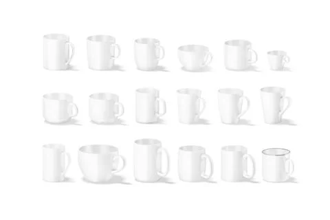 Blank ceramic mug mockup, different types, side view Illustrazione stock