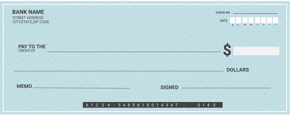 Blank check with false numbers in a blue tone template vector Stock Illustration