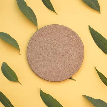 Blank circular cork surrounded with green leaves yellow background. High quality Stock Photos