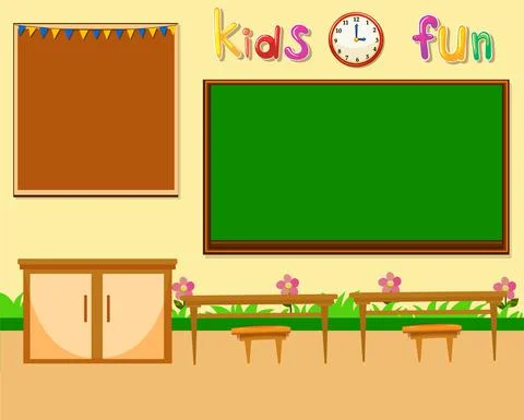 Blank classroom scene with empty chalkboard Stock Illustration