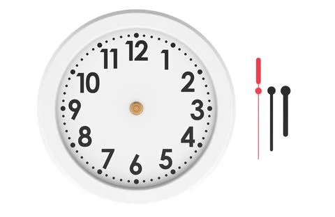 Blank clock face mock up with hour, minute and second hands, front view. 3D.. 스톡 일러스트