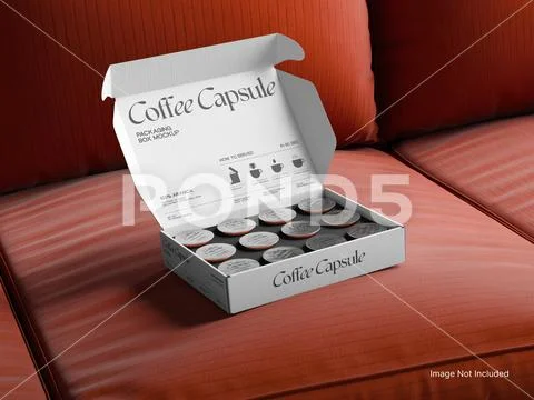 Blank Coffee Capsule with Box Packaging on a Sofa 3D Rendering PSD Template