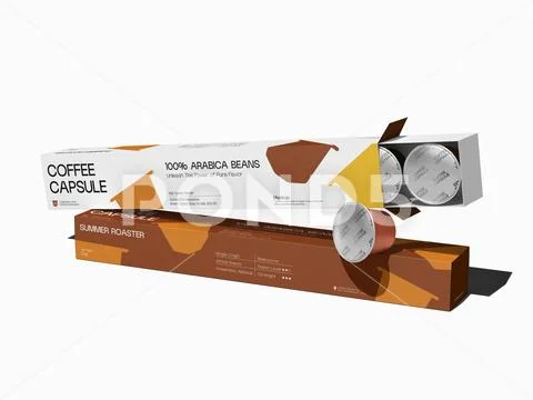 Blank Coffee Capsule Pod with Box Packaging Mockup 3D Rendering on a White PSD Template