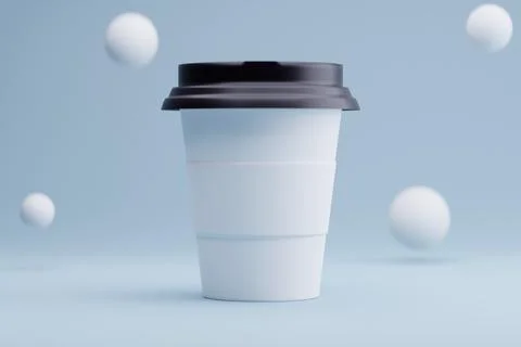 Blank coffee cup mockup, studio background, floating spheres, advertising Stock-Illustration