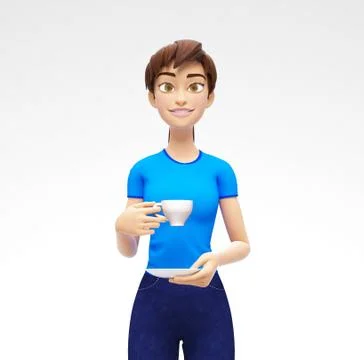 Blank Coffee or Tea Cup Mockup With saucer Held by Smiling, Happy 3D Character Stock Illustration