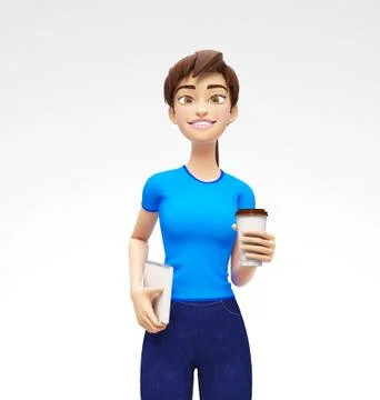 Blank Coffee or Tea Cup Mockup Held by Smiling and Happy 3D Character Stock Illustration