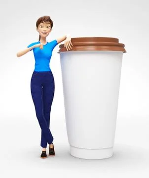 Blank Coffee or Tea Cup Mockup Held by Smiling and Happy 3D Character Stock Illustration