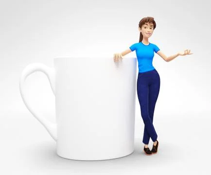 Blank Coffee or Tea Cup Mockup Held by Smiling and Happy 3D Character Stock Illustration