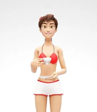 Blank Coffee or Tea Cup Mockup With Saucer - Smiling, Happy 3D Bikini Character Stock Illustration