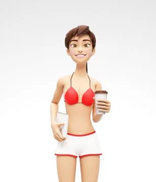 Blank Coffee or Tea Cup Mockup - Smiling and Happy 3D Bikini Character Stock Illustration