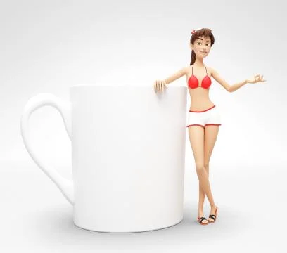 Blank Coffee or Tea Cup Mockup Next to Smiling and Happy 3D Bikini Character Stock Illustration