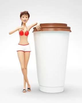 Blank Coffee or Tea Cup Next to Smiling and Happy 3D Bikini Character Stock Illustration