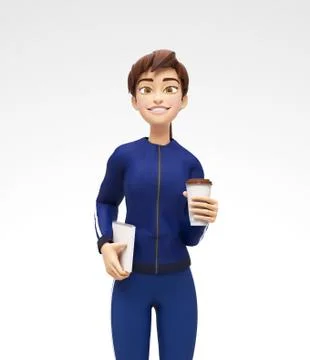 Blank Coffee or Tea Cup Mockup Held by Smiling and Happy 3D Female Character Stock Illustration