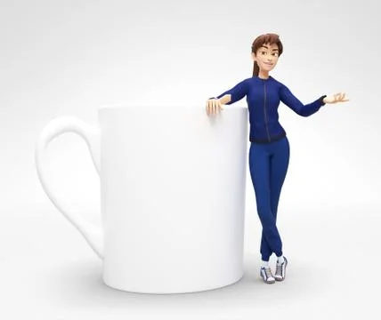 Blank Coffee or Tea Cup Mockup Held by Smiling and Happy 3D Female Character Stock Illustration