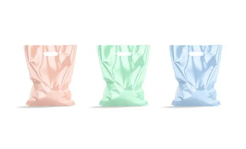 Blank colored full die-cut small plastic bag, handle hole mockup Stock Illustration