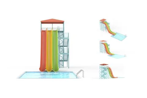 Blank colored multi-lane waterslide with swimming pool mockup, different view Illustrazione stock