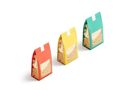Blank colored paper transparent pack with fusilli pasta mockup, isolated Stock Illustration