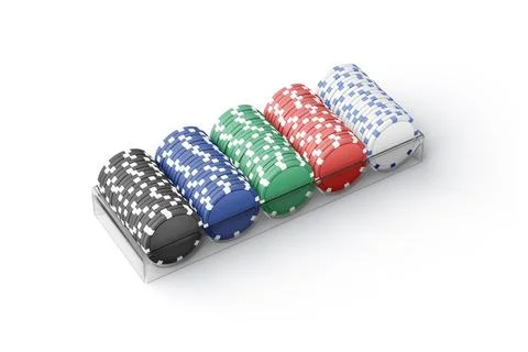 Blank colored plastic round chip stack in tray mockup, isolated Stock Illustration