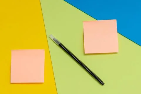 Blank colored stickers mockup with copy space on yellow green blue background Stock Photos