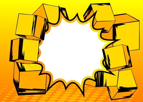 Blank comic book speech bubble background with cube shapes. Yellow comics c.. Illustrazione stock