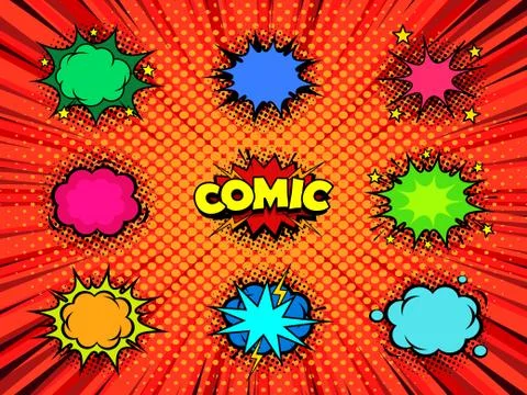Blank comic book speech bubbles for vintage design, halftone texture  Stock Illustration
