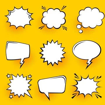 Blank comic speech bubbles with halftone shadows on yellow background. Hand Stock Illustration