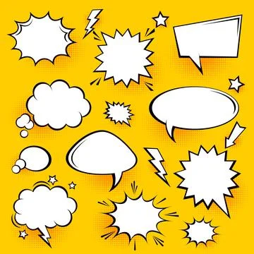Blank comic speech bubbles with halftone shadows on yellow background. Hand Stock Illustration