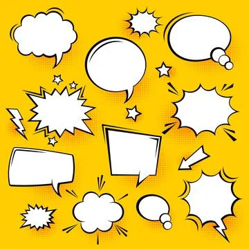 Blank comic speech bubbles with halftone shadows on yellow background. Hand Stock Illustration