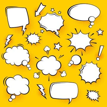 Blank comic speech bubbles with halftone shadows on yellow background. Hand Stock Illustration