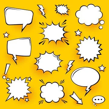 Blank comic speech bubbles with halftone shadows on yellow background. Hand Stock Illustration
