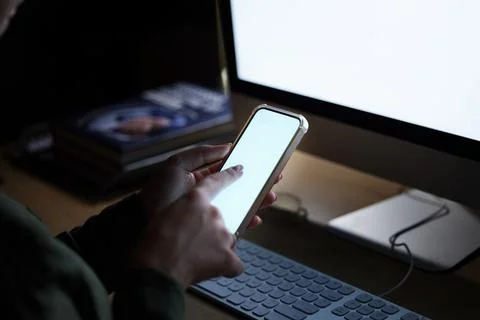 Blank computer, phone screen and woman hands typing on technology for coding Stock Photos