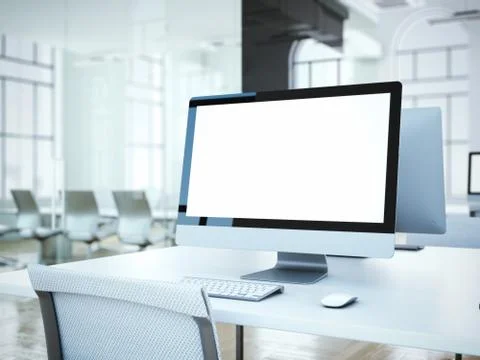 Blank computer screen with white chair. 3d rendering イラスト素材