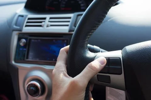 Blank control button on car steering wheel used for placed icon design 스톡 사진