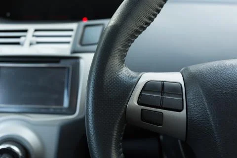 Blank control button on car steering wheel used for placed icon design 스톡 사진
