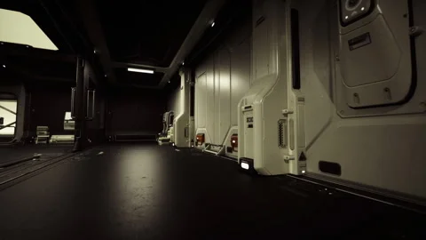 Blank corridor inside spaceship with muted lights and dark doorway Stock Footage 339797537