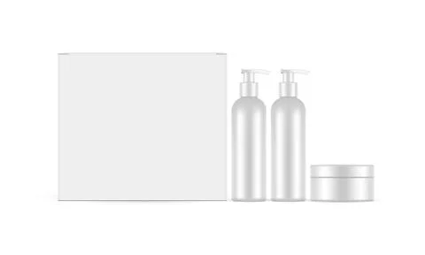 Blank Cosmetic Gift Set, Box, Pump Bottles and Cream Jar Stock Illustration