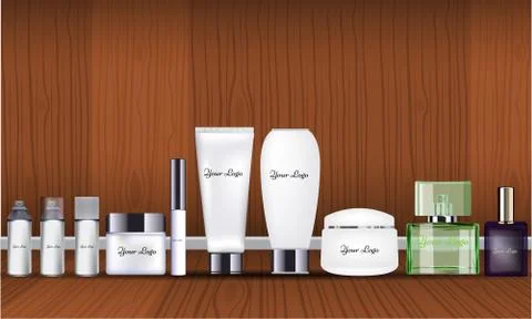 Blank cosmetic package collection set isolated on wood background Stock Illustration