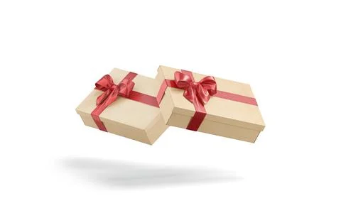 Blank craft gift box with red ribbon bow mockup, isolated Stock Illustration