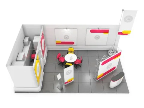 Blank creative exhibition stand design with color shapes. 3D render Stock Illustration