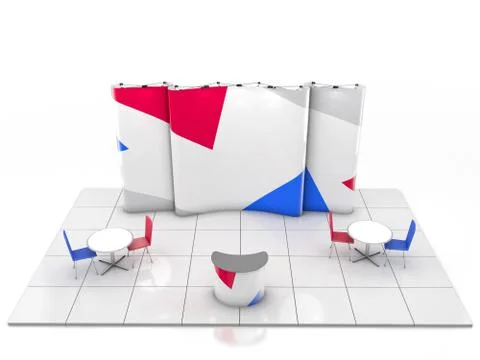 Blank creative exhibition stand design with color shapes. Booth template. 3D Stock Illustration