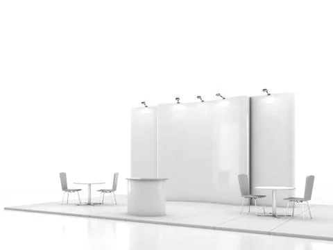 Blank creative exhibition stand design with color shapes. Booth template. 3D Stock Illustration