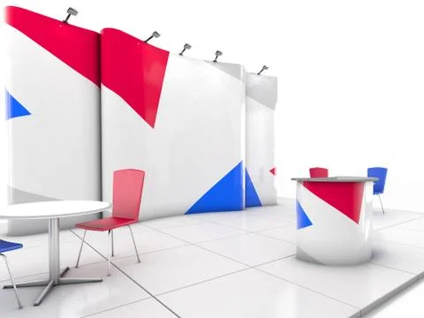 Blank creative exhibition stand design with color shapes. Booth template. 3D Stock Illustration
