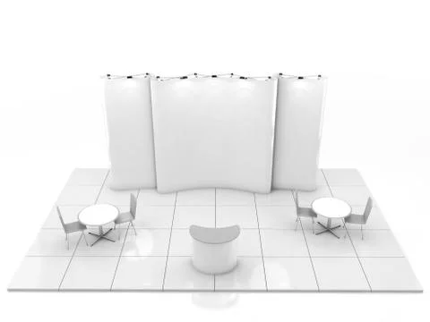 Blank creative exhibition stand design with color shapes. Booth template. 3D Stock Illustration