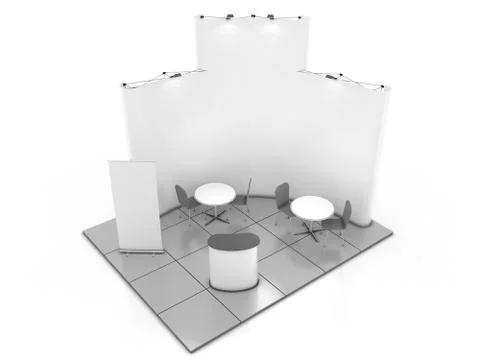 Blank creative exhibition stand design with color shapes. Booth template 01. 3D Stock Illustration