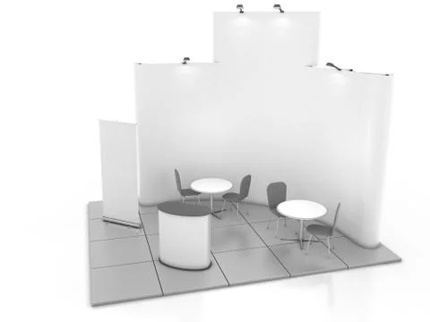 Blank creative exhibition stand design with color shapes. Booth template 01. 3D Stock Photos