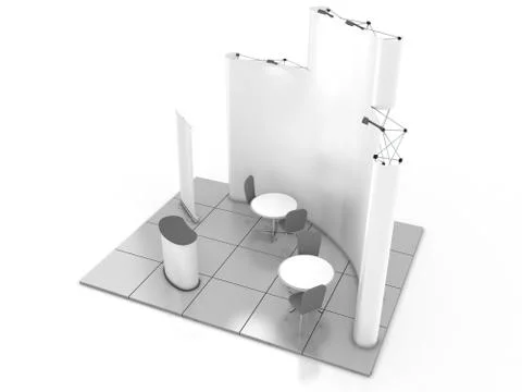Blank creative exhibition stand design with color shapes. Booth template 01. 3D Stock Photos