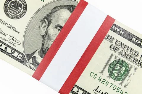 Blank Currency Strap On Five Dollar Money Bundle Stock Photos