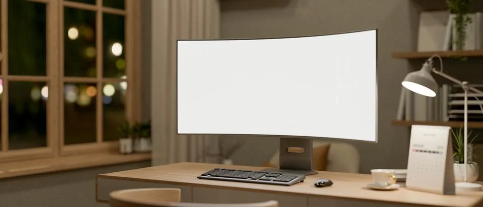 Blank curve screen computer aside coffee, calendar and lamp on wooden table.. Stock Illustration